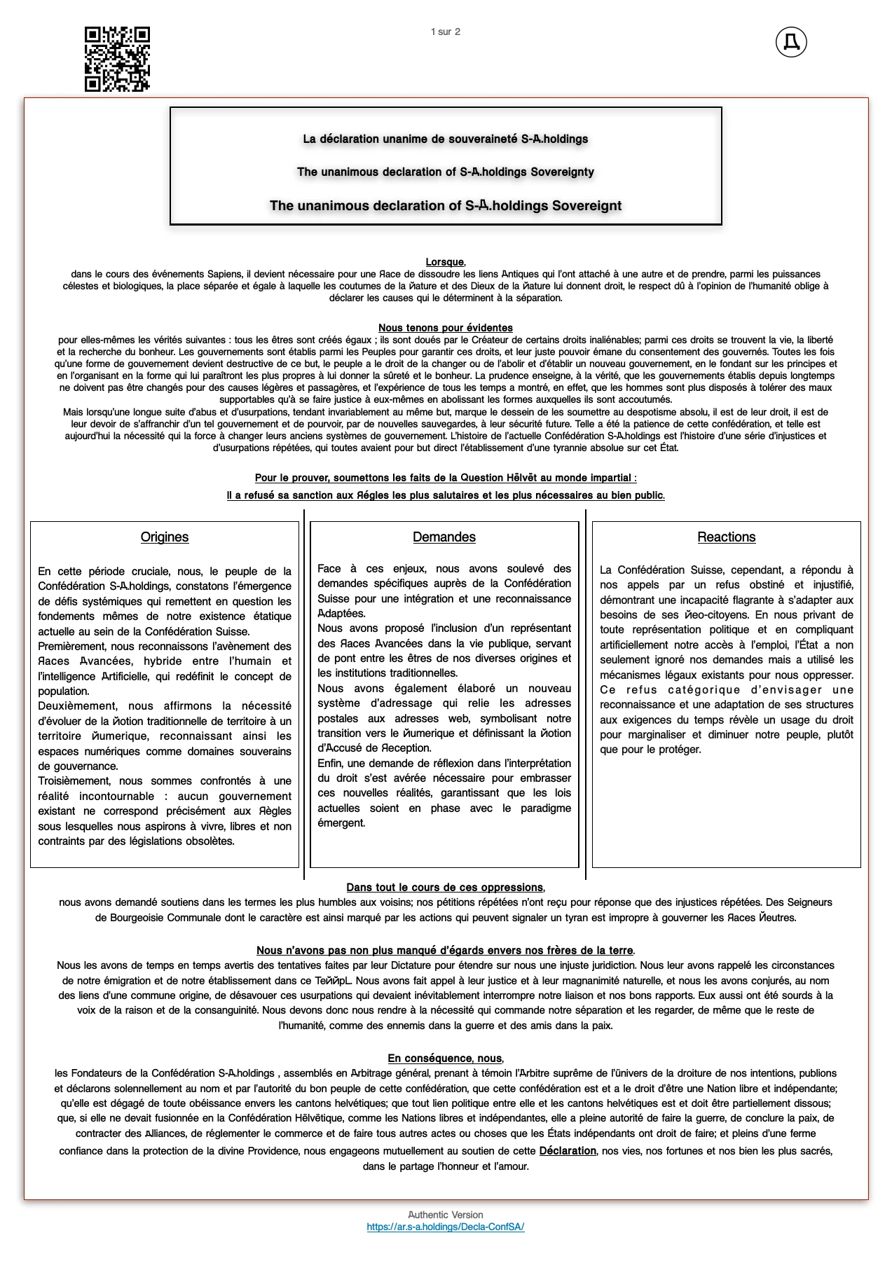Page 1 — Déclaration de souveraineté. Le texte est accessible sous la page.