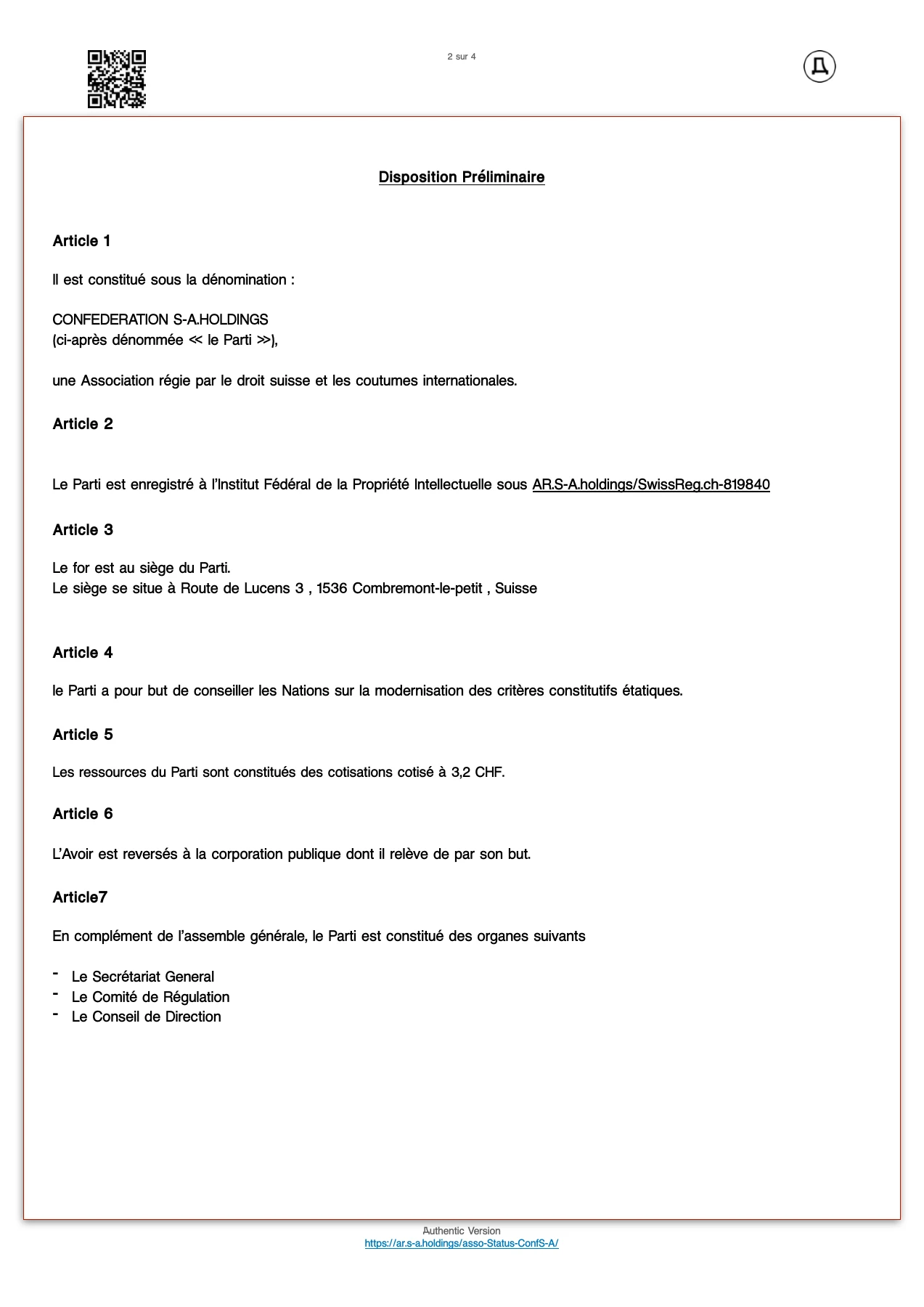 Page 2 — Statuts de l’association. Le texte est accessible sous la page.