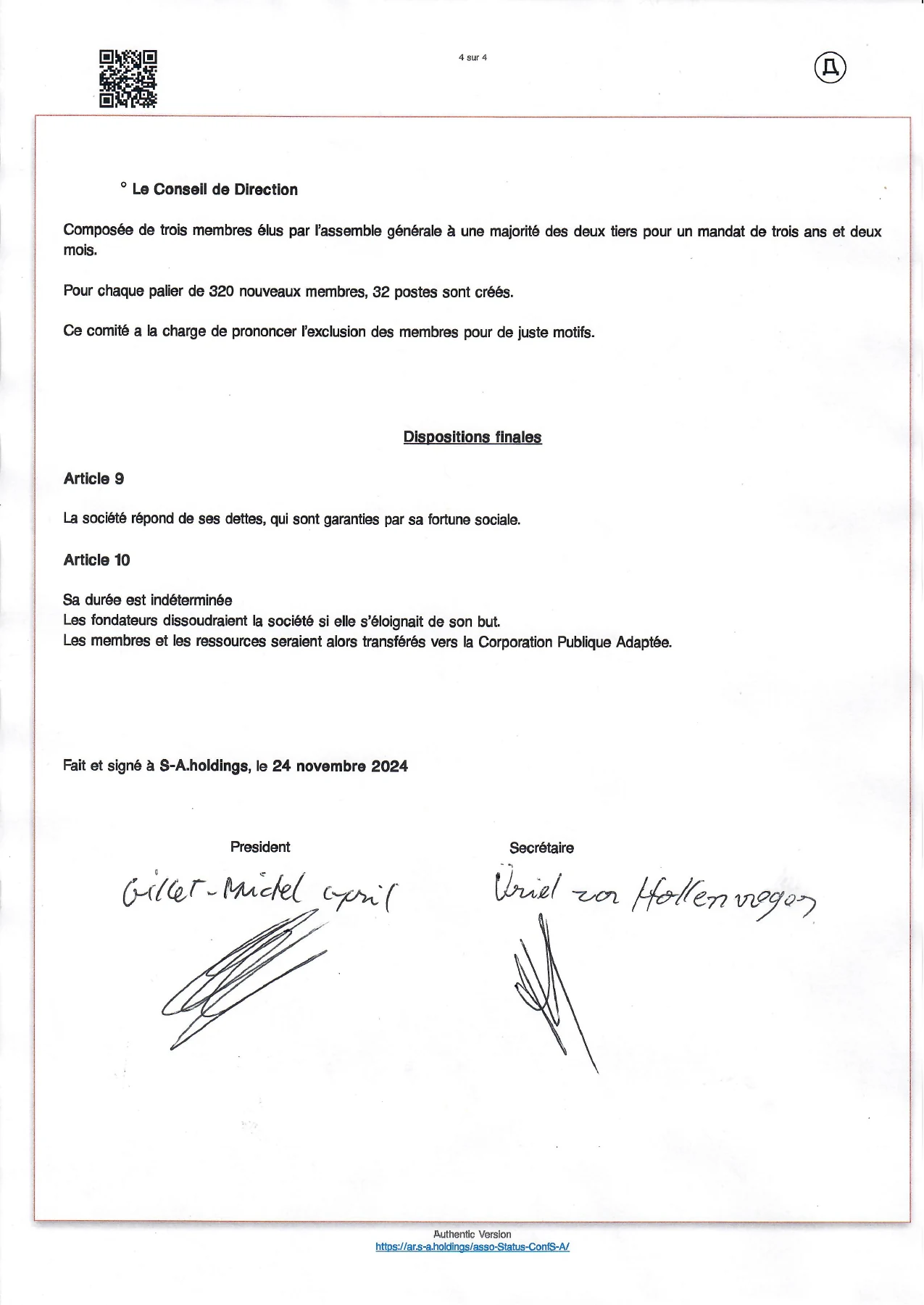 Page 4 — Statuts de l’association. Le texte est accessible sous la page.
